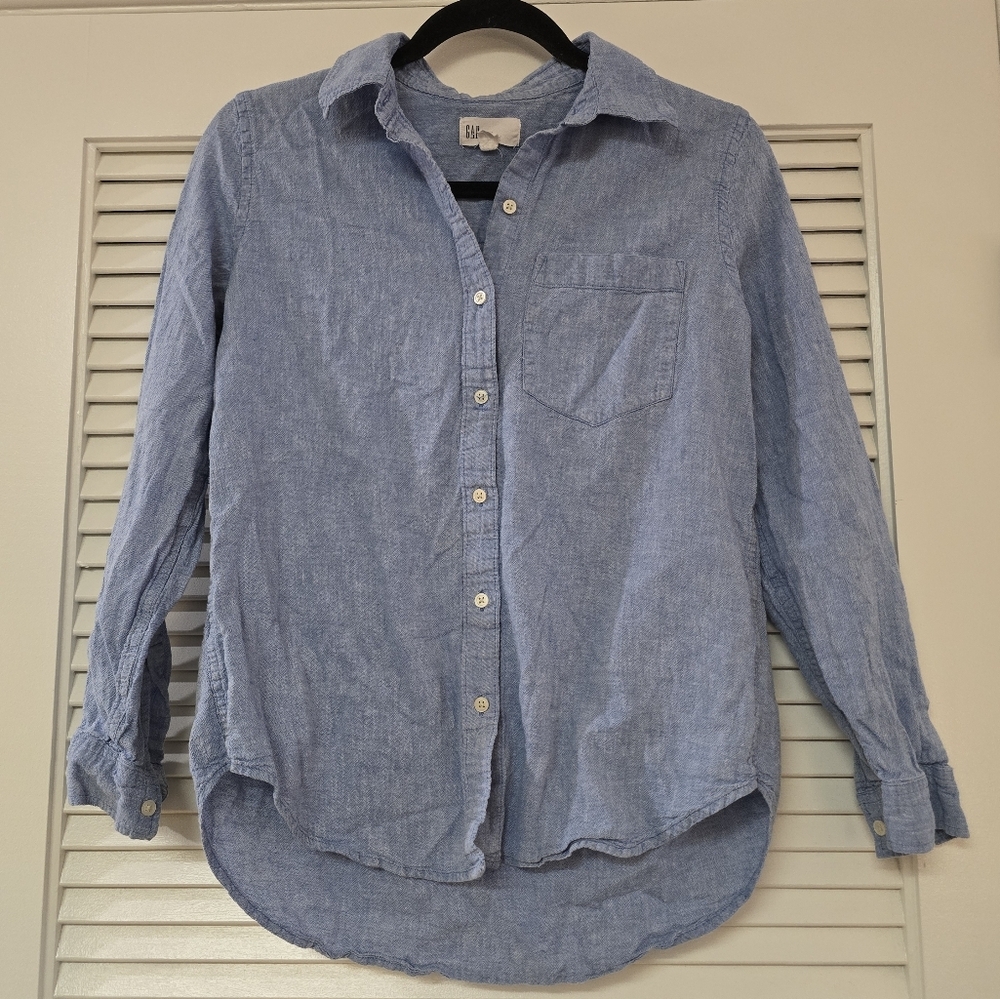GAP - Light Blue Denim Linen & Cotton Long-Sleeve Button Shirt